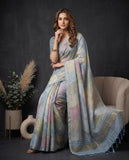 Pastel Blue & Lavender Semi Tussar Saree with Blouse Piece and Tassel Border Geetha Creation