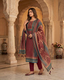 Maroon Striped Cotton Kurta Set with Floral Dupatta & Straight Pants Geetha Creation
