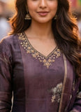 Deep Plum Pure Viscose Kurta Set with Hand-Embroidered Neckline