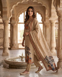 Beige Cotton Kurta Pant Dupatta Set with Folk Art Motifs & 3/4th Sleeves Geetha Creation