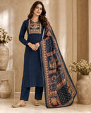 Navy Blue Cotton Silk Straight Kurta Set with Embroidered Yoke & Dupatta Geetha Creation