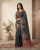 Navy Blue Semi Tussar Saree with Paisley Floral Design and Tassel Border Geetha Creation