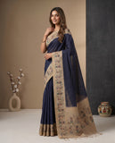 Navy Blue Semi Tussar Saree with Ethnic Motif Border & Unstitched Blouse Geetha Creation