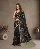 Black Floral Embroidered Semi Tussar Saree with Contrast Blouse Piece Geetha Creation