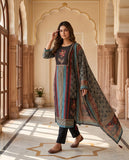 Teal & Black Floral Stripe Cotton Kurta Set with Dupatta Geetha Creation