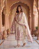 Women Cream Pink Ethnic Motif Linen Kurta Set with Dupatta Geetha Creation