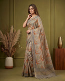Grey & Beige Semi Tussar Saree with Floral Motifs and Tassel Border Geetha Creation