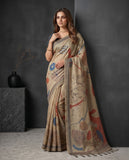Beige Semi Tussar Saree with Abstract Floral Motifs & Tassel Border Geetha Creation