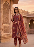 Deep Maroon Cotton Ethnic Kurta Pant Dupatta Set Geetha Creation