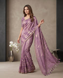 Lavender Semi Tussar Saree with Striped Design & Tassel Border Geetha Creation