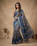 Blue & Grey Semi Tussar Saree with Woven Ethnic Motifs and Tassel Border Geetha Creation