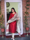 Elegant Red with Chikoo Ready to Wear Cotton Silk Kurta Set