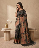 Black Semi Tussar Saree with Ethnic Border and Tassel Detail Blouse Piece Geetha Creation