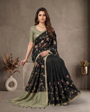 Black Floral Embroidered Semi Tussar Saree with Contrast Blouse Piece Geetha Creation