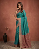 Teal Blue Semi Tussar Saree with Woven Border and Unstitched Blouse Piece Geetha Creation