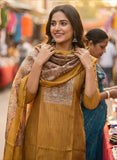 Antique Mustard Pure Viscose Kurta Set with Hand-Embroidered Neckline