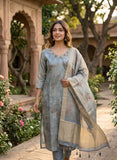 Inaya Slate Blue Soft Tissue Leaf Print Kurta Set Geetha Creation