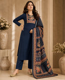 Navy Blue Cotton Silk Straight Kurta Set with Embroidered Yoke & Dupatta Geetha Creation