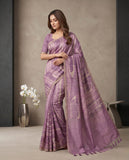 Lavender Semi Tussar Saree with Striped Design & Tassel Border Geetha Creation