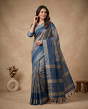 Blue & Grey Semi Tussar Saree with Woven Ethnic Motifs and Tassel Border Geetha Creation