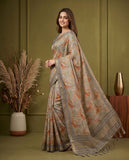 Grey & Beige Semi Tussar Saree with Floral Motifs and Tassel Border Geetha Creation