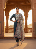 Women Teal Blue Pure Viscose Kurta Set with Handcrafted Yoke & Printed Dupatta