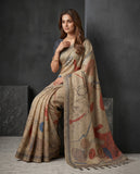Beige Semi Tussar Saree with Abstract Floral Motifs & Tassel Border Geetha Creation