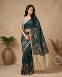 Teal Green Semi Tussar Saree with Woven Floral Border & Tassel Pallu Geetha Creation