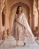 Women Cream Pink Ethnic Motif Linen Kurta Set with Dupatta Geetha Creation