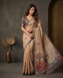 Beige Semi Tussar Saree with Checked Weave & Swan Pallu Design Geetha Creation