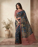 Navy Blue Semi Tussar Saree with Paisley Floral Design and Tassel Border Geetha Creation