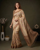 Beige Semi Tussar Saree with Floral Woven Design and Blouse Piece Geetha Creation