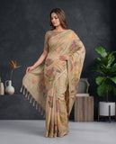 Beige Semi Tussar Saree with Artistic Floral Motifs & Tassel Border Geetha Creation
