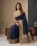 Navy Blue Semi Tussar Saree with Ethnic Motif Border & Unstitched Blouse Geetha Creation