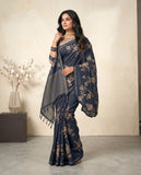 Navy Blue Floral Semi Tussar Saree with Tassel Border & Blouse Piece Geetha Creation