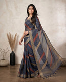 Navy Blue Semi Tussar Saree with Geometric Stripes & Tassel Border Geetha Creation