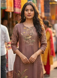 Bold Earthy Brown Pure Viscose Hand-Embroidered Kurta Set