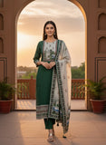 Women Emerald Green Pure Viscose Nature Motif Kurta Set