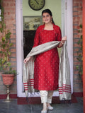 Elegant Red with Chikoo Ready to Wear Cotton Silk Kurta Set