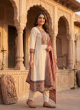 Beige Linen Anarkali Kurta Set with Red Dupatta Geetha Creation