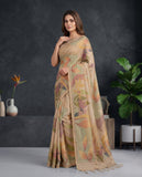 Beige Semi Tussar Saree with Artistic Floral Motifs & Tassel Border Geetha Creation