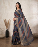 Navy Blue Semi Tussar Saree with Geometric Stripes & Tassel Border Geetha Creation