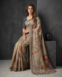 Beige Semi Tussar Saree with Abstract Floral Motifs & Tassel Border Geetha Creation