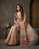 Beige Semi Tussar Saree with Checked Weave & Swan Pallu Design Geetha Creation