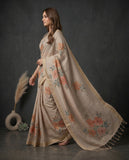 Beige Floral Semi Tussar Saree with Tassel Border and Blouse Piece Geetha Creation