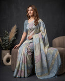 Pastel Blue & Lavender Semi Tussar Saree with Blouse Piece and Tassel Border Geetha Creation