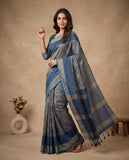 Blue & Grey Semi Tussar Saree with Woven Ethnic Motifs and Tassel Border Geetha Creation
