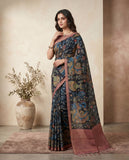 Navy Blue Semi Tussar Saree with Paisley Floral Design and Tassel Border Geetha Creation