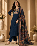 Navy Blue Cotton Silk Straight Kurta Set with Embroidered Yoke & Dupatta Geetha Creation