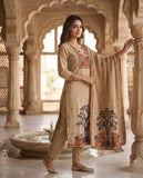 Beige Cotton Kurta Pant Dupatta Set with Folk Art Motifs & 3/4th Sleeves Geetha Creation